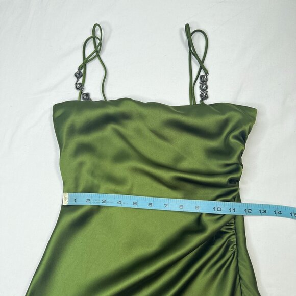 Zara Midi Satin Slip Dress Jewel Straps Ruched Party Fall Moss Green XS - Picture 7 of 14